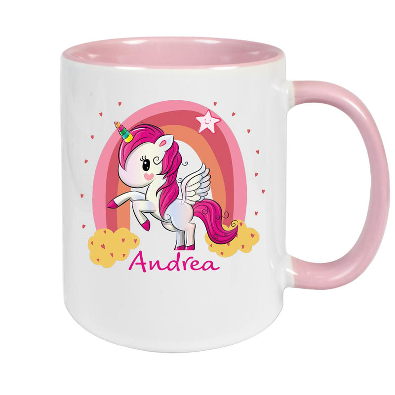 Tasse Wunschname Regenbogen-Einhorn Keramik Kinderbecher personalisiert versch. Farben