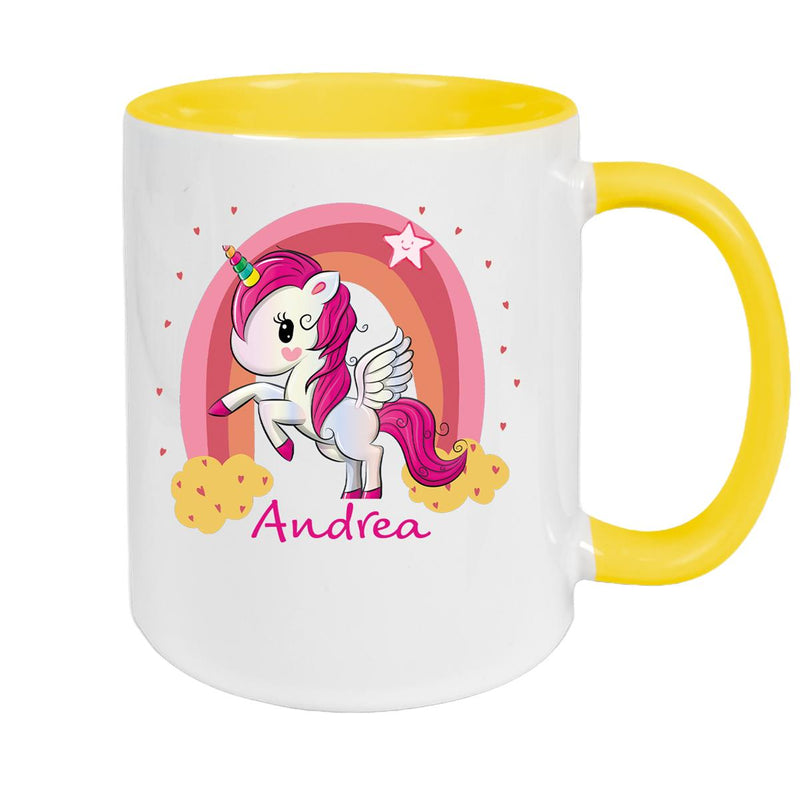 Tasse Wunschname Regenbogen-Einhorn Keramik Kinderbecher personalisiert versch. Farben