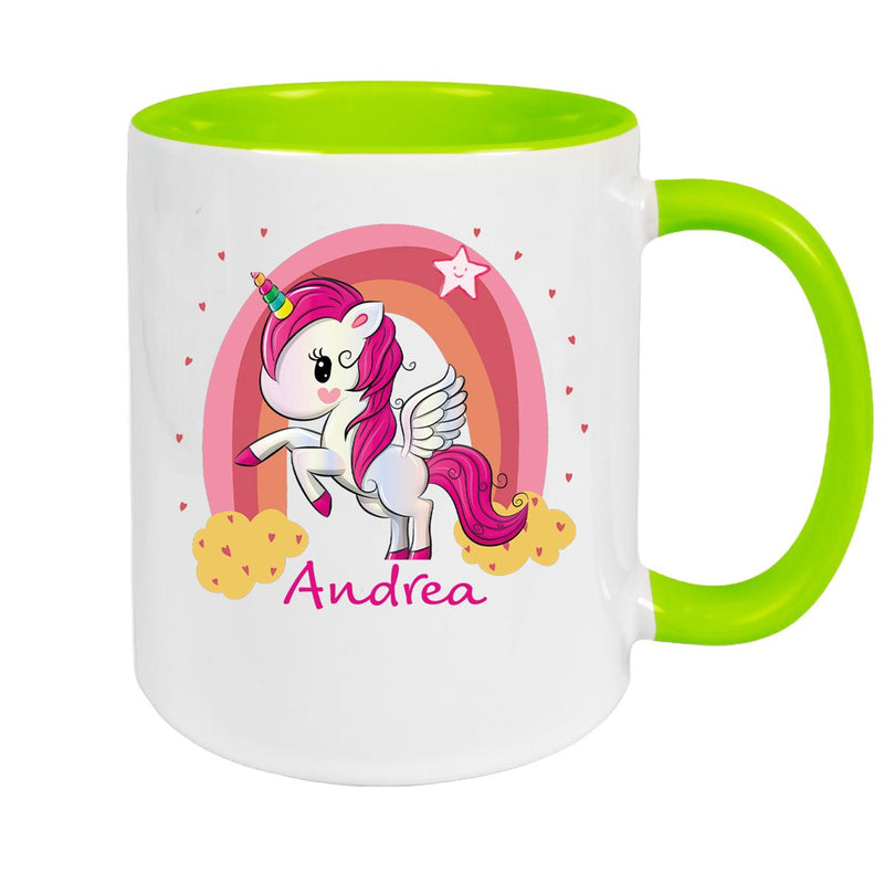 Tasse Wunschname Regenbogen-Einhorn Keramik Kinderbecher personalisiert versch. Farben