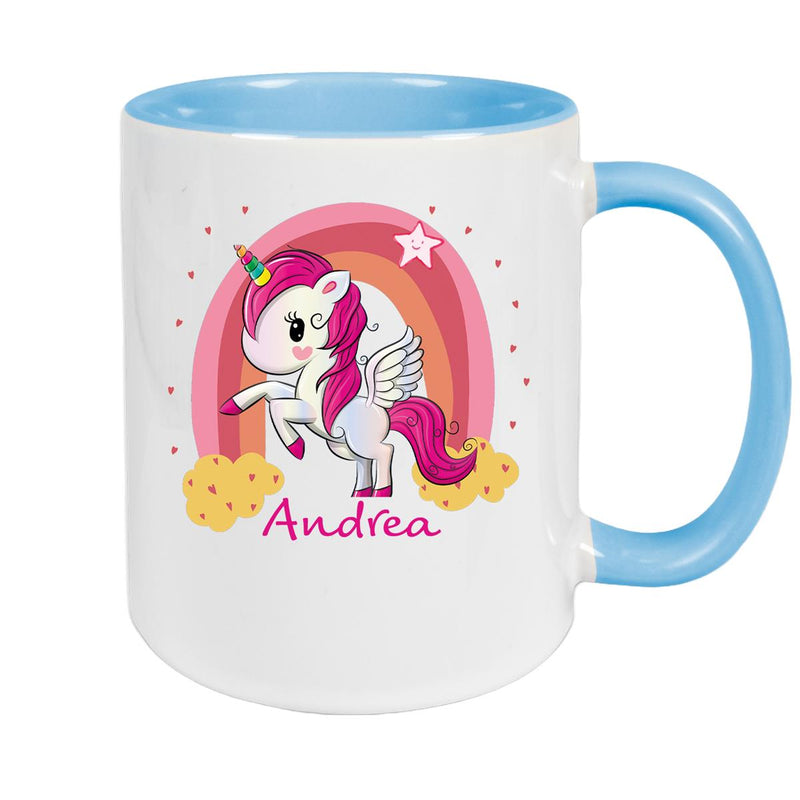 Tasse Wunschname Regenbogen-Einhorn Keramik Kinderbecher personalisiert versch. Farben