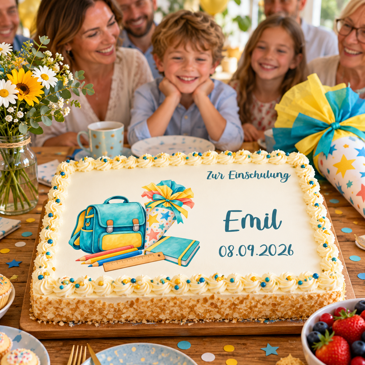 MUCKKI-PRO:3b7e9f24bae90a2591d15831334941a854a21d63efb4545ed33e74a3ce161b31:Tortenaufleger Einschulung Schulstart 1 mit Name und Datum – Eckig (28 x 20cm)
