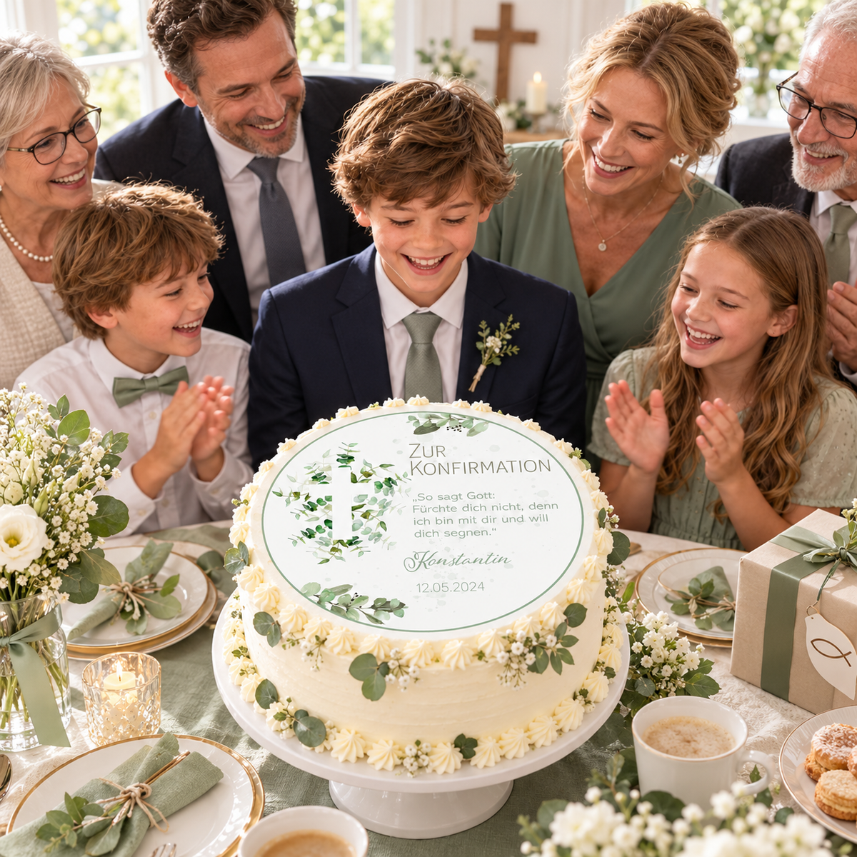 MUCKKI-PRO:58ed1966ce6628735969ff55e446b446b9f9622136c39397aac5c4e9ae79a706:Tortenaufleger Konfirmation Kreuz 1 Name & Datum (20cm)