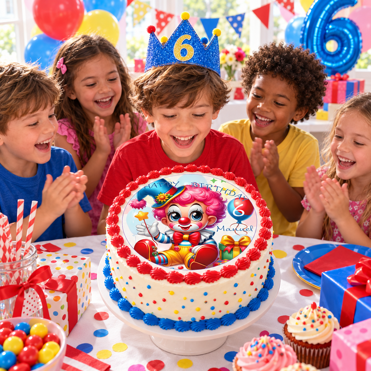 MUCKKI-PRO:21bf6bdcd45595d9ed9f58b82e73ce24b46d1933561b3a6b727b804e2dcd1332:Tortenaufleger Geburtstag Clown-Party 1 Name & Zahl (20cm) Fondant Papier