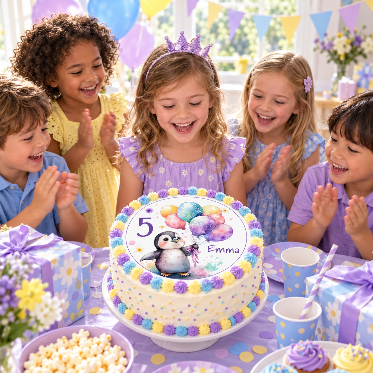 MUCKKI-PRO:049297d6f7de7ccde91abf618bfa1d1f2b5f6d5c41fe8f9087ab72b20a932642:Tortenaufleger Geburtstag Pinguin 2 Name & Zahl (20cm)