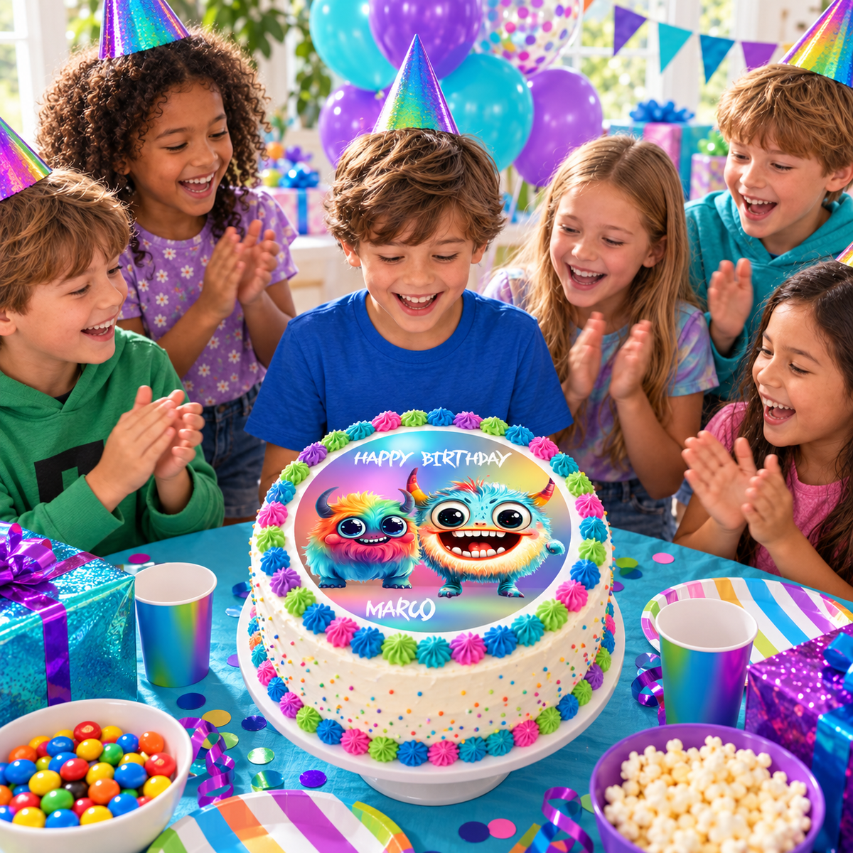 MUCKKI-PRO:5813b6b876dba6385c8ac9816cf9a48d4537bf4da30433b70b2cfcab8a2f0819:Tortenaufleger Geburtstag Kleines-Monster 1 Name & Zahl (20cm) Fondant Papier