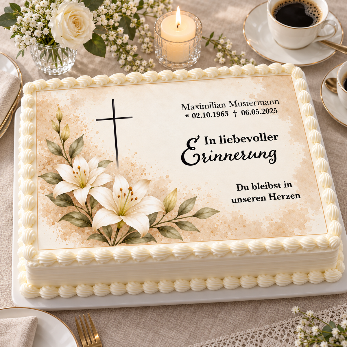 Tortenaufleger Beerdigung & Trauerfeier Blüten 01 – personalisiert mit Name & Sterbedatum Fondantpapier – versch. Formen