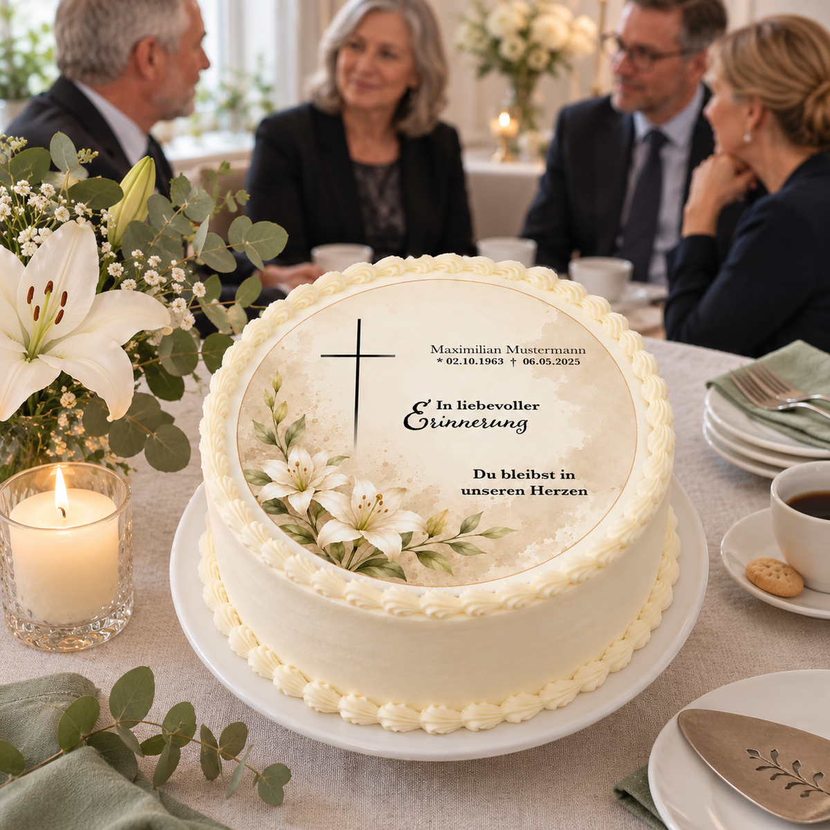 Tortenaufleger Beerdigung & Trauerfeier Blüten 01 – personalisiert mit Name & Sterbedatum Fondantpapier – versch. Formen