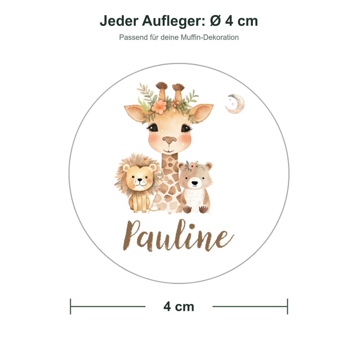 MUCKKI-PRO:c1990fc8f3570cf76259f2abcbe17ffdb9ae8b8b57bd00ed787edc3600ab2890:Muffinaufleger Taufe Animals 1 – 20 Stück à 4 cm mit Name und Taufdatum