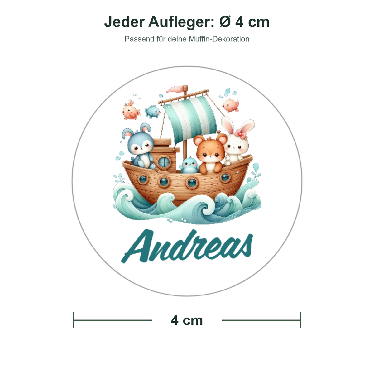 MUCKKI-PRO:4dd6e9eade455e58d1286d6ceb7c4c0f81a04e748475ec0b3b54ea9608b06bad:Muffinaufleger Taufe Arche Noah 4 – 20 Stück à 4 cm mit Name und Taufdatum