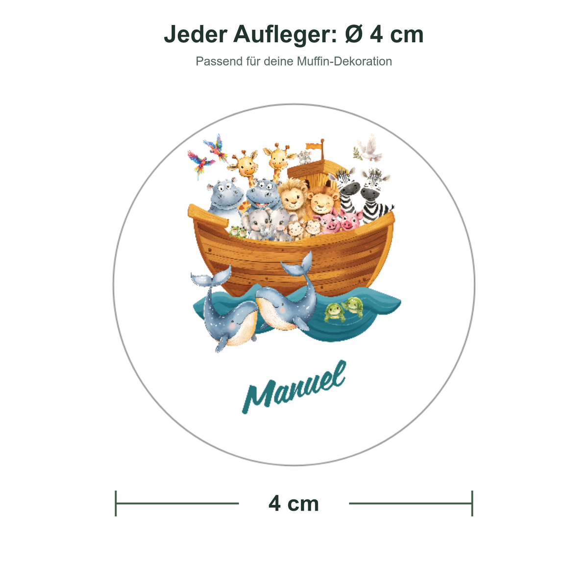 MUCKKI-PRO:add25a4d3eb7cab73cd789357101d406407f509a30022579a527146fbdf2b286:Muffinaufleger Taufe Arche Noah 2 – 20 Stück à 4 cm mit Name und Taufdatum