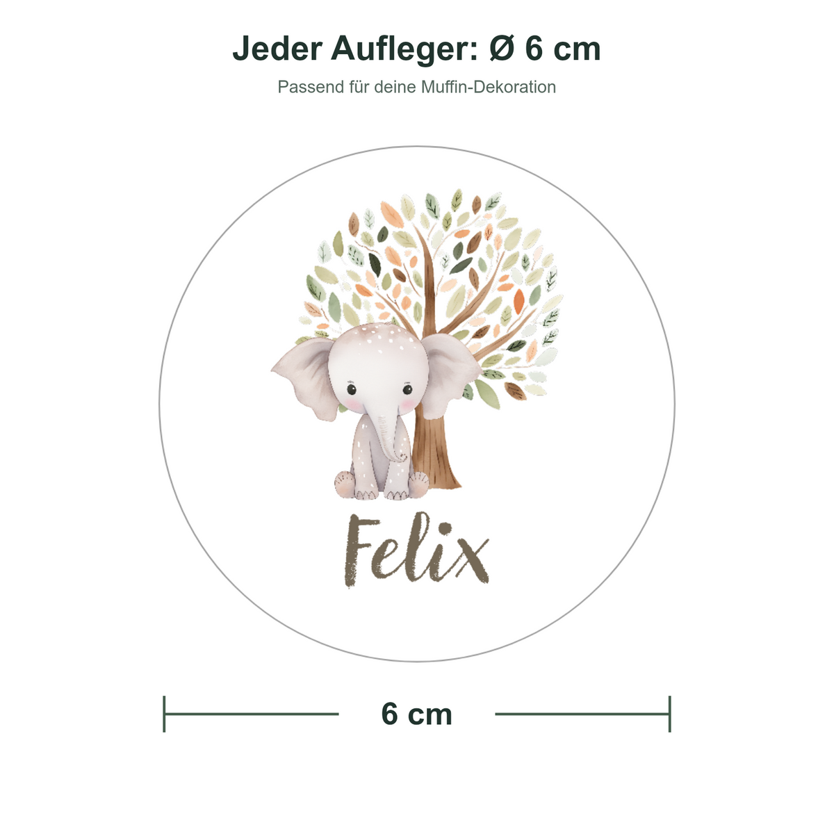 MUCKKI-PRO:b2054fde68255abf83c5768a865621ba45bbcdebf0d0f0c9db3cbe3e890ebe2b:Muffinaufleger Taufe Elefant 1 – 12 Stück à 6 cm mit Name und Taufdatum