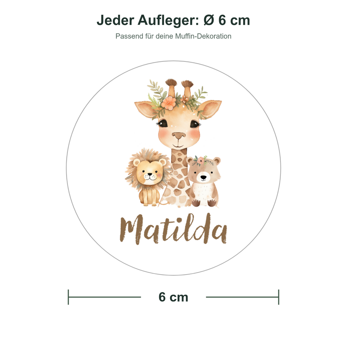 MUCKKI-PRO:7a62063b89ce6ef1615bac427de1dfcf3eae501b488115783c200e4a60a0ce86:Muffinaufleger Taufe Safari 1 – 12 Stück à 6 cm mit Name und Taufdatum