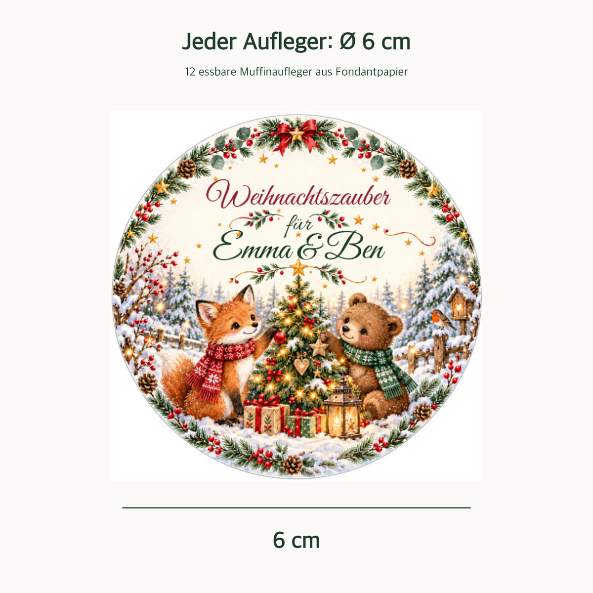MUCKKI-PRO:4ba5a8c2788234775234595942d762c689d0276995f5ac6b1fa1458db8cf75a2:Muffinaufleger Weihnachten Fuchs & Bär – 12 Stück à 6 cm mit Wunschnamen