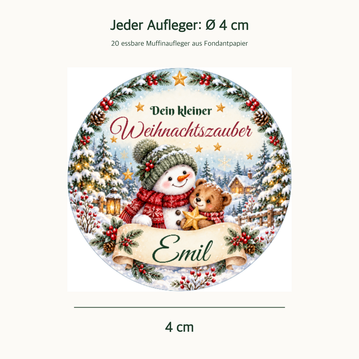 MUCKKI-PRO:2ddef016452858da03c8dc37b1745a7dcdfaf2da0172c384406e01bc0526ef45:Muffinaufleger Weihnachten Schneemann & Bär – personalisiert mit Wunschname – 4 cm oder 6 cm