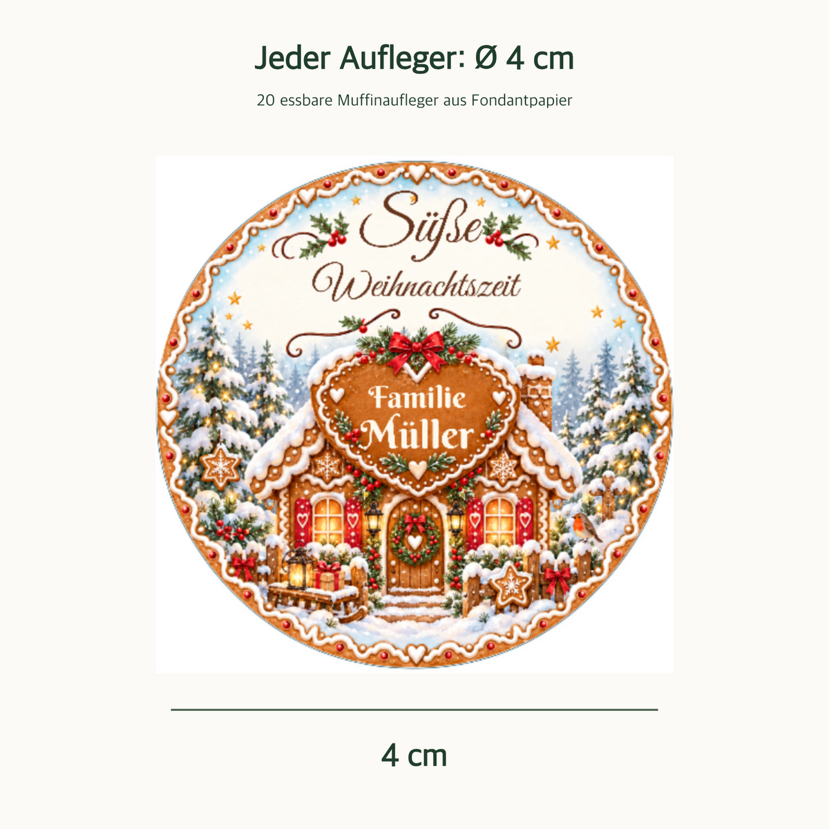 MUCKKI-PRO:8b4eebfb28b2222ca0228df273b432257c009464823a05278169cf2a34d4bce9:Muffinaufleger Weihnachten Lebkuchenhaus – personalisiert mit Familienname – 4 cm oder 6 cm