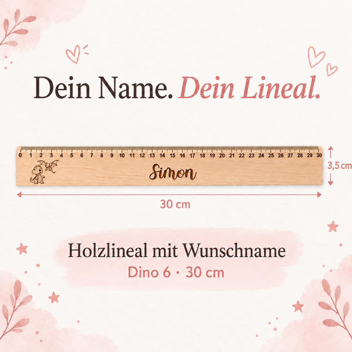 Lineal Holz personalisiert Dino 6, 30cm