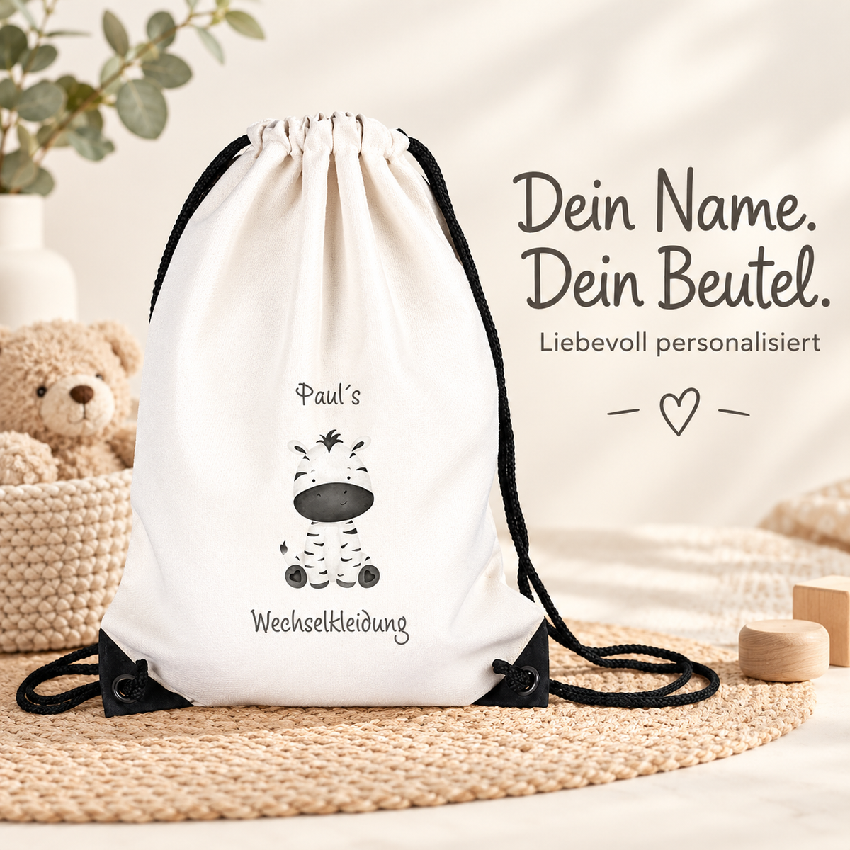 MUCKKI-PRO:6affd0e207001b2b234c2f09b5dee0e38693490c12193ace4bee969cf606dde0:Turnbeutel für Kinder Wechselkleidung-Zebra 1  Personalisiert mit Namen inkl. schwarzem Kordelzugband