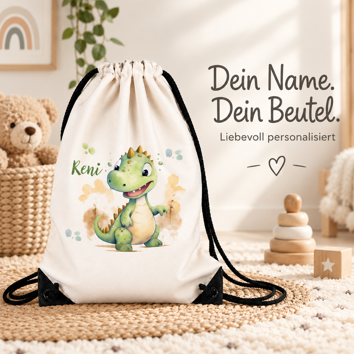 MUCKKI-PRO:320931c34672350e952762af0dff9e648137d2ace2348572cf2e21649b5a5c77:Turnbeutel Dino 3 mit Wunschname personalisiert