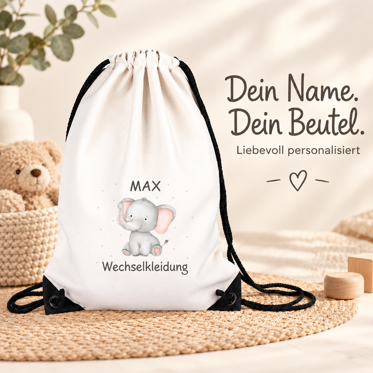 MUCKKI-PRO:27384f989c7e469480496d7d6c343c394d1b0202b13bf2165bcbc5d26425831b:Turnbeutel für Kinder Wechselkleidung-Elefant 1  Personalisiert mit Namen inkl. schwarzem Kordelzugband