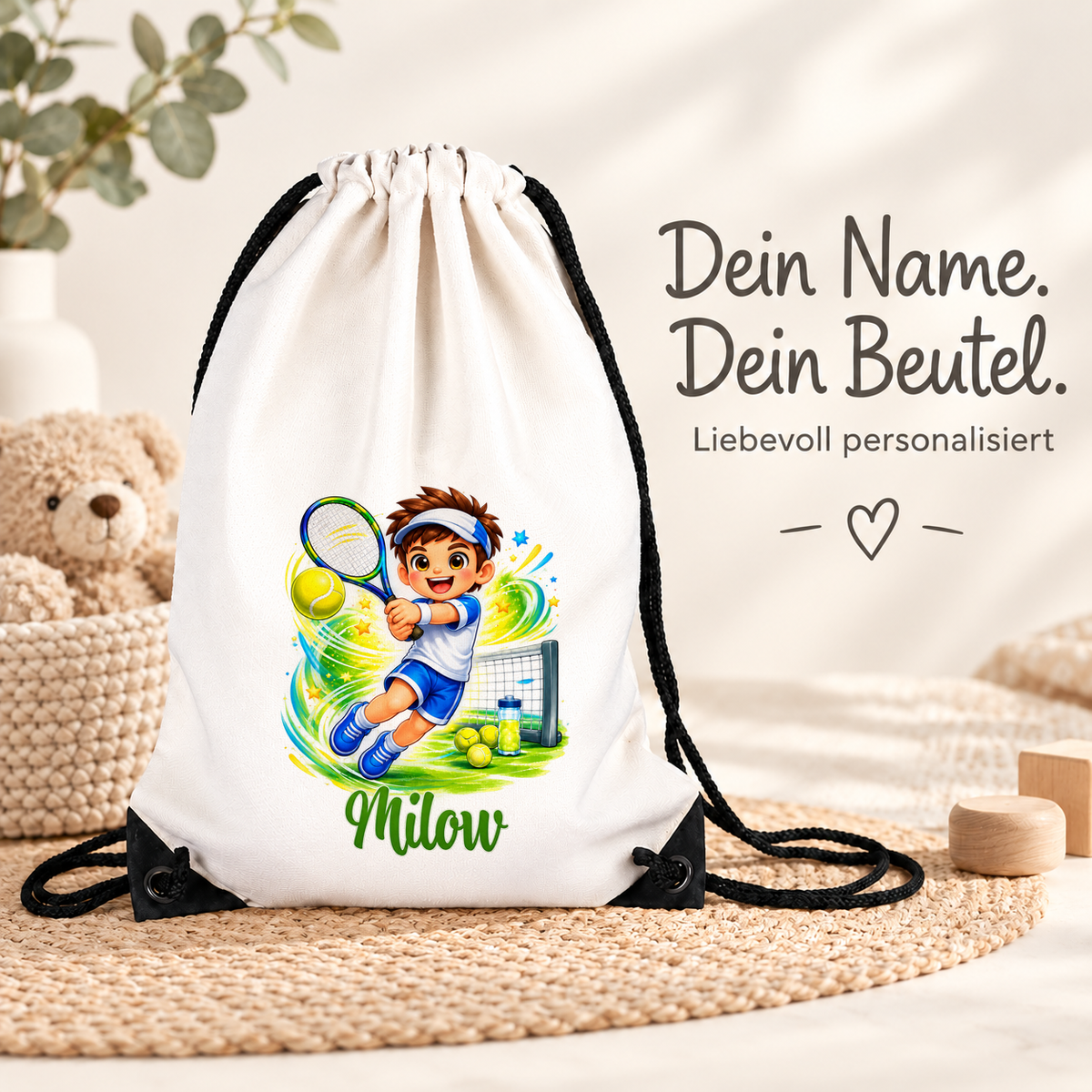 MUCKKI-PRO:2bbde95e20a89948bde0cf0469a3e2ec3a690159872e3d9460abcd8782a6edeb:Turnbeutel Tennis 1 mit Wunschname personalisiert