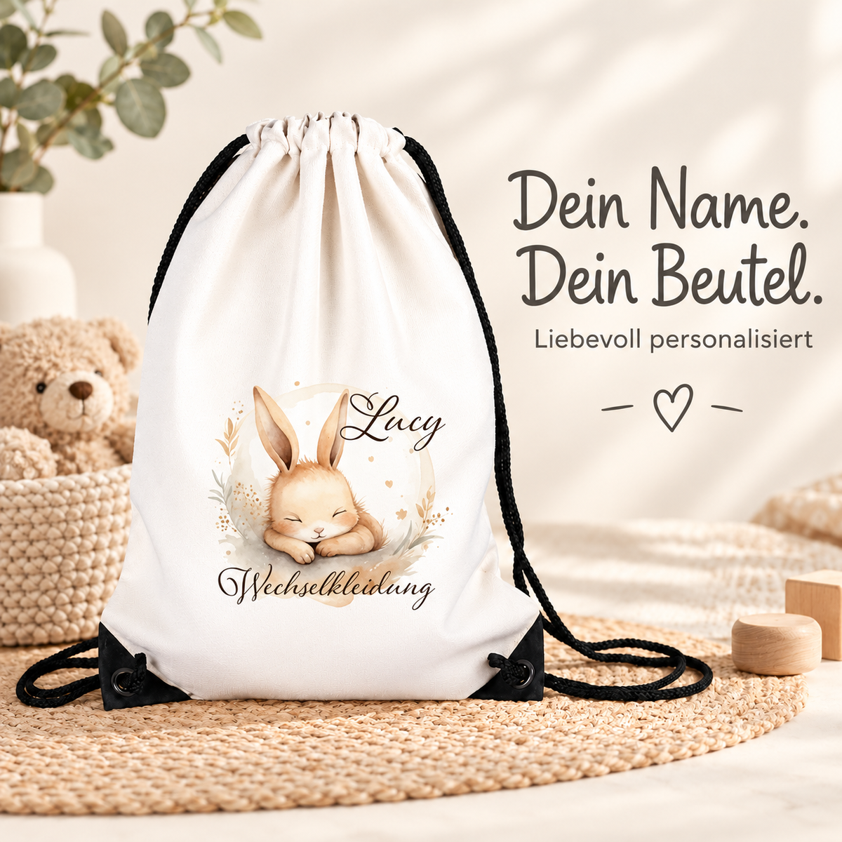 MUCKKI-PRO:9306a92796435c725d46a265e5147ad86cd3c33714de082a9ec0bae1f456ed7e:Turnbeutel für Kinder Wechselkleidung-Hase 1  Personalisiert mit Namen inkl. schwarzem Kordelzugband
