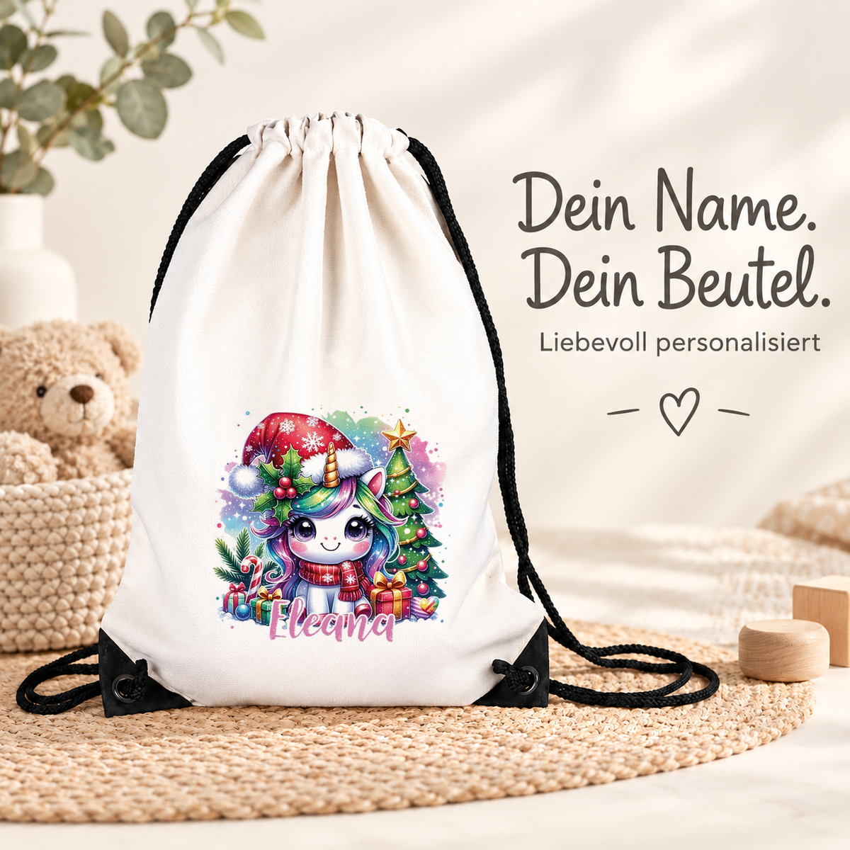 MUCKKI-PRO:0cd684e3fc10204ab217474dd49d4b7155aa9553f7875d1d6e3454b4cd48c1dd:Turnbeutel Weihnachts-Einhorn 1 mit Wunschname personalisiert