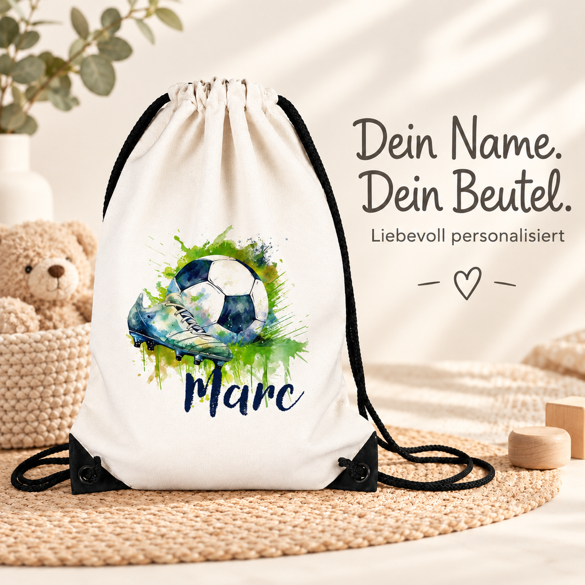 MUCKKI-PRO:b1b575707573421fc16736fcb82190111c294cedf5ecf763f2d389437243678a:Turnbeutel Fußball 4 mit Wunschname personalisiert – 36 × 43 cm