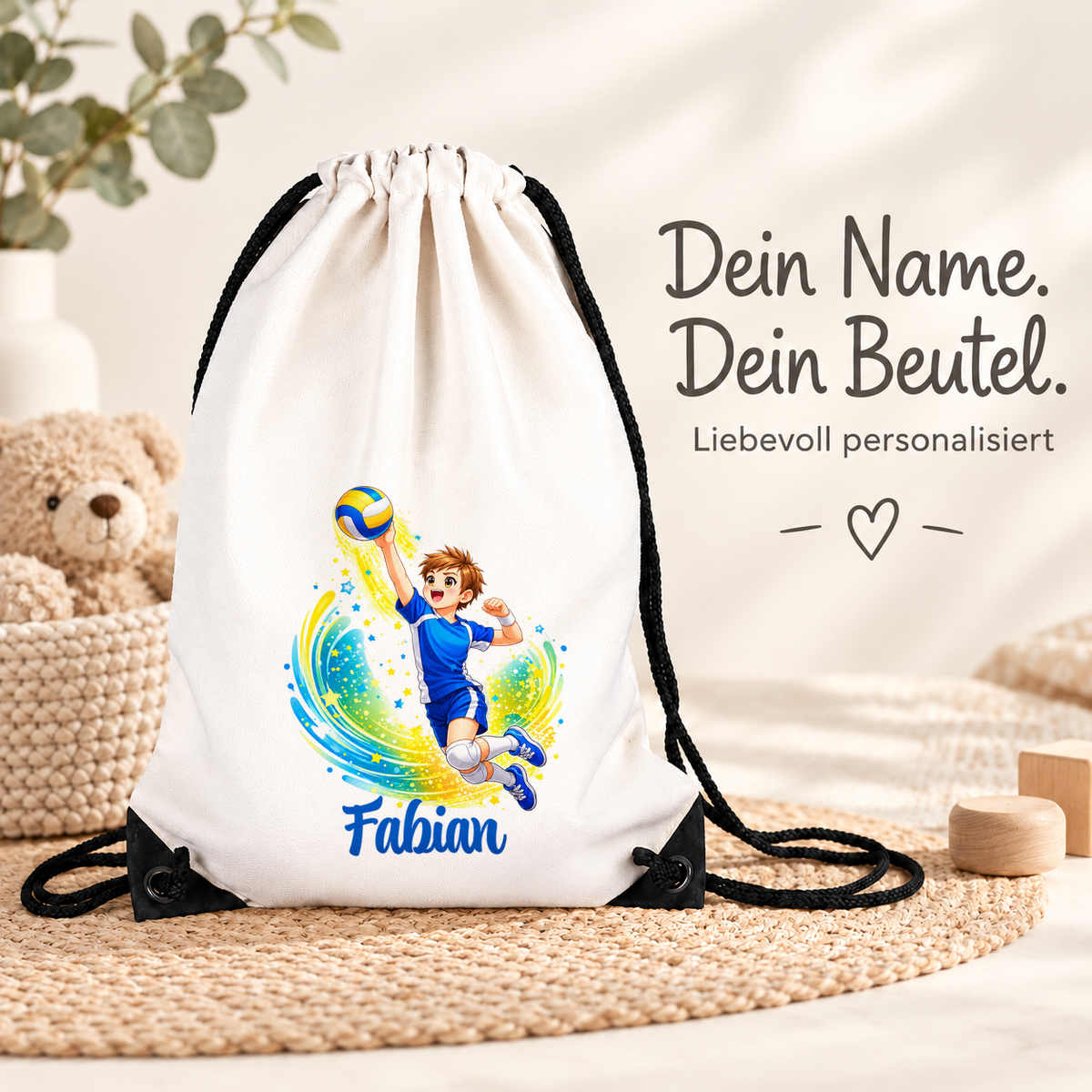 MUCKKI-PRO:2a787e0d38b113484fbfc3a5568fa50a716205b5e4e1d050703dc46e3c068c6f:Turnbeutel Volleyball 2 mit Wunschname personalisiert
