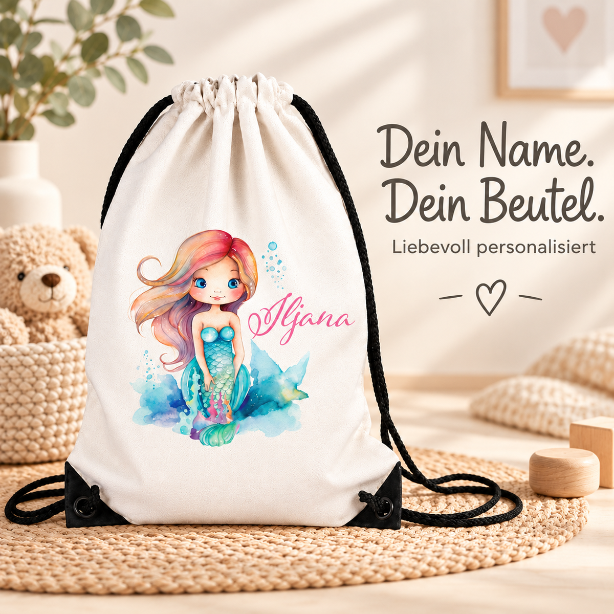 MUCKKI-PRO:4e048cef65c36742f0a7228820ae777eef1fbbd7b29893aa297d2ffdfdfa5082:Turnbeutel Meerjungfrau 2 mit Wunschname personalisiert