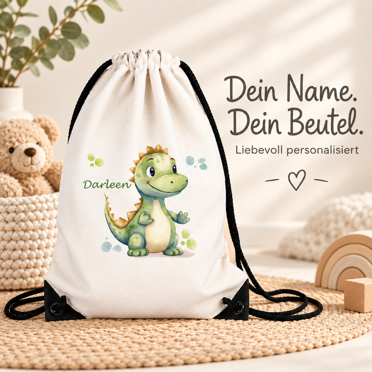 MUCKKI-PRO:e66b26472a80b956636aa61aa06a8f2094cd4ad04d9d47d4e70d3915f40d0556:Turnbeutel Dino 1 mit Wunschname personalisiert