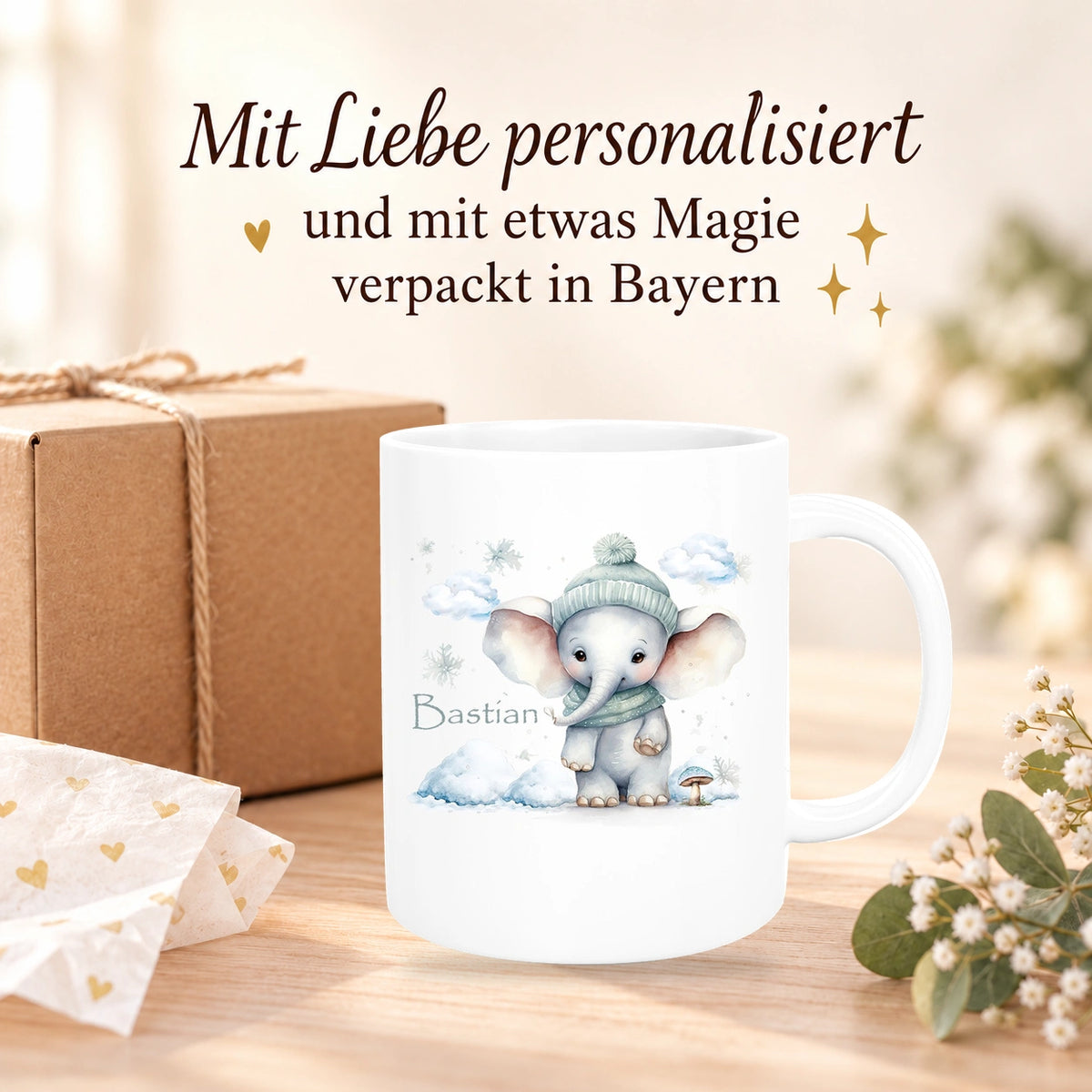 Tasse Wunschname Christmas Elefant 2 Keramik Kinderbecher versch. Farben