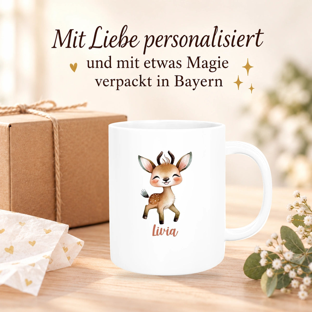 MUCKKI-PRO:d4603b9b3e7376996d999315ae6240d8a95a4f97dbf8d6762058f741a3e47a06:Tasse Wunschname Reh 1 Keramik Kinderbecher versch. Farben
