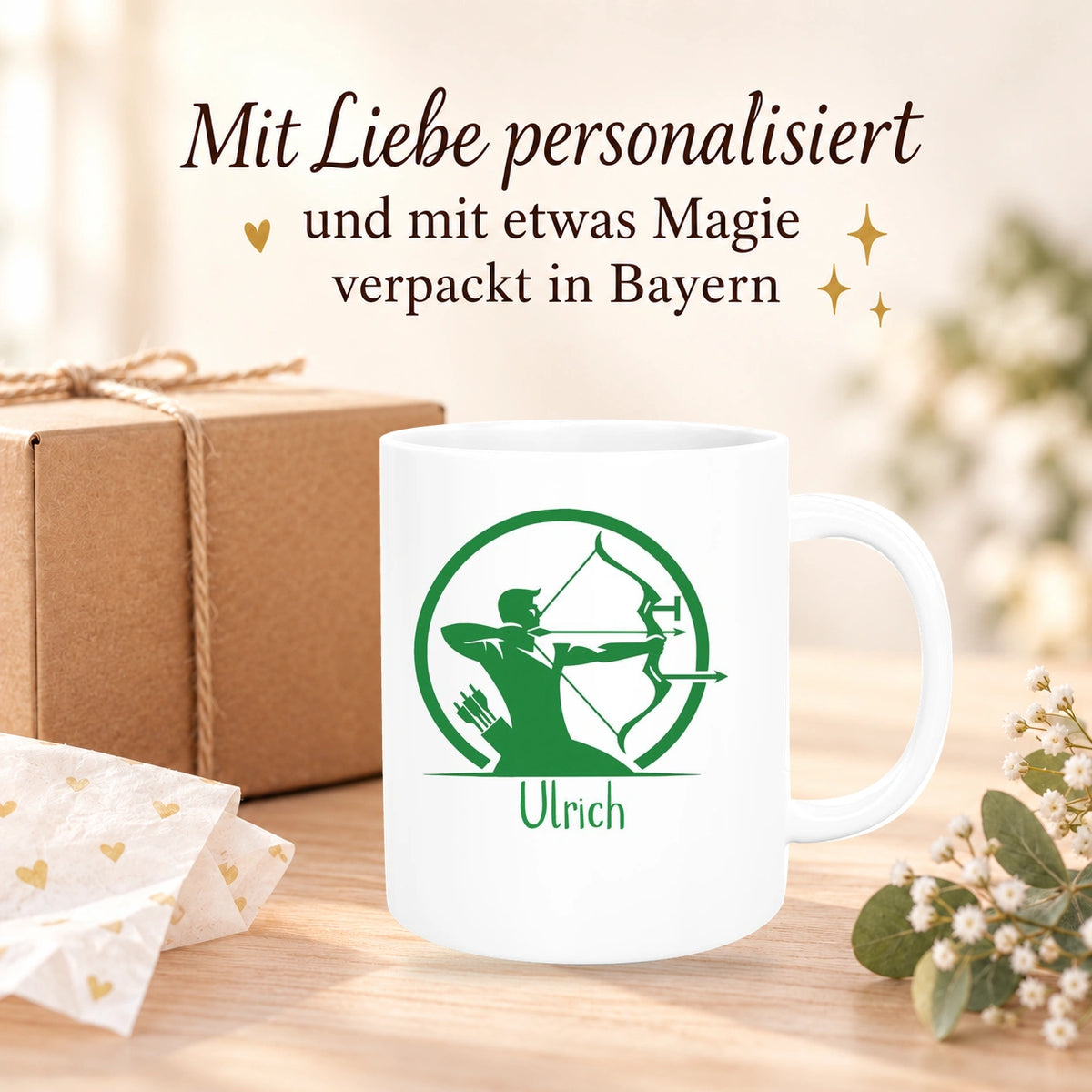 MUCKKI-PRO:358aa831affbd703f9937cd069f78222239f0d071966ccc985141dd0638318b8:Tasse Bogenschütze 1 Wunschname Keramik personalisiert versch. Farben