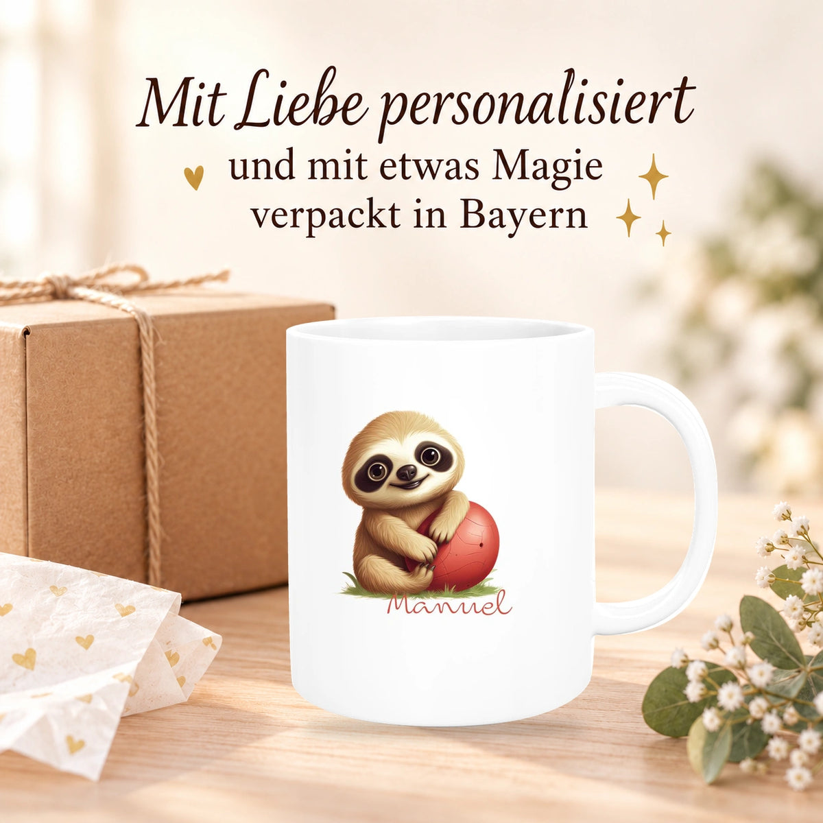MUCKKI-PRO:0cf213cb959f20804fa26c3e6778f3abfb1a7d6bd485ed683a3d0031a8c07e9a:Tasse Wunschname Faultier-Ball Keramik Kinderbecher Personalisiert versch. Farben