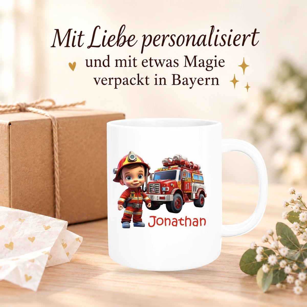 MUCKKI-PRO:7486b5773d6d999e793f96e9d9e95de1ea8add9d484df0208318e52eeed3a64c:Tasse Wunschname Feuerwehr 3 Keramik Kinderbecher versch. Farben