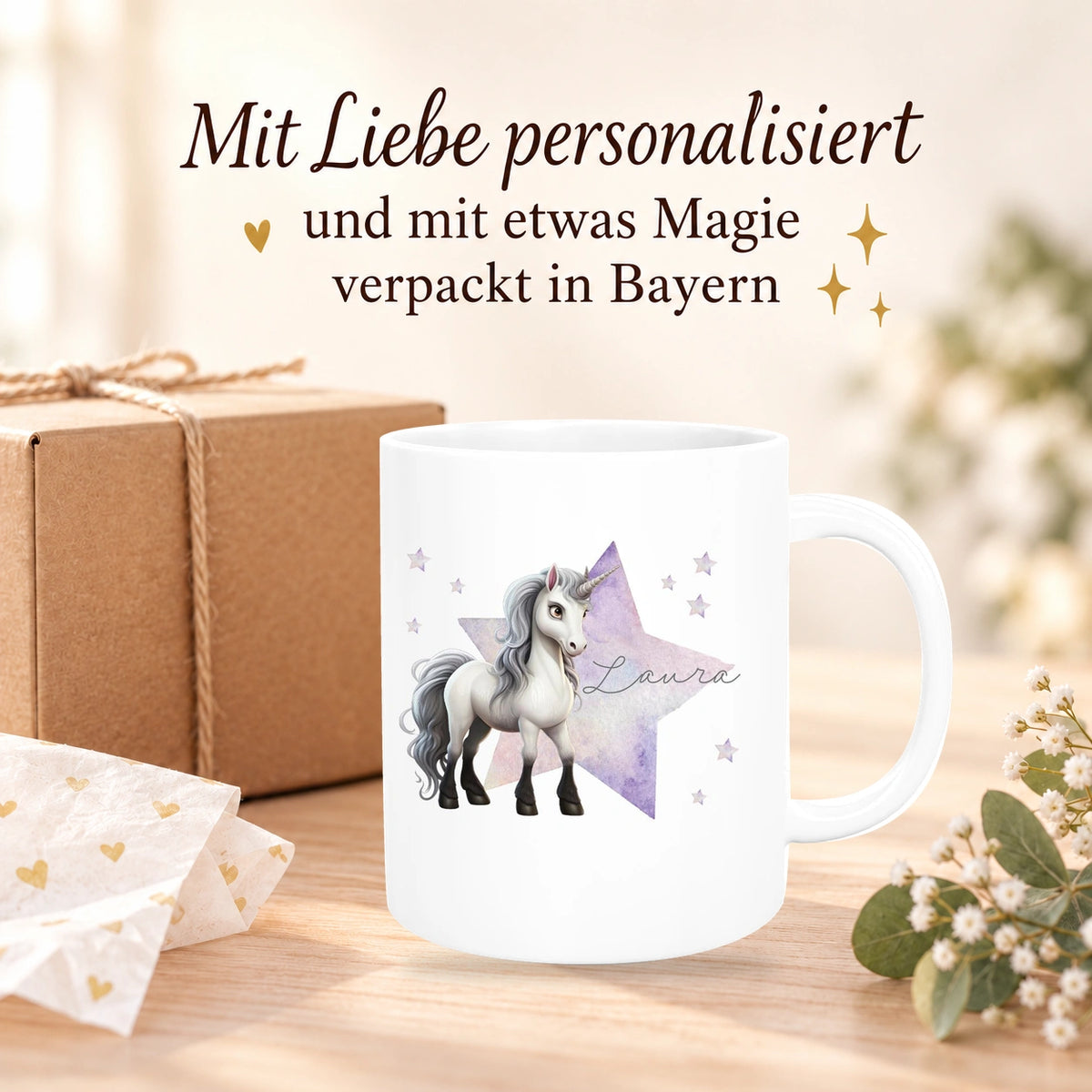 MUCKKI-PRO:ebc9563beeae9450bfe1bac5d8d68f54ead474185beaca4d0cf1a8aced089651:Tasse Wunschname Einhorn Stern 1 Keramik Kinderbecher versch. Farben