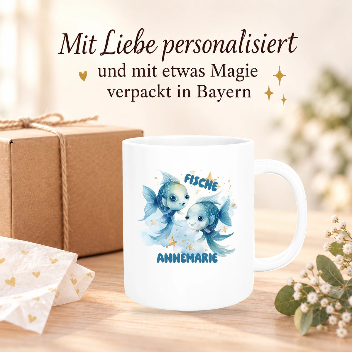 MUCKKI-PRO:23a2146ab36d93f3937a688f0ebe88bc2bcff91d4e7962d3043f2e2303ed5199:Tasse Sternzeichen Kinder Fische 1 Wunschname Keramik Kinderbecher personalisiert versch. Farben
