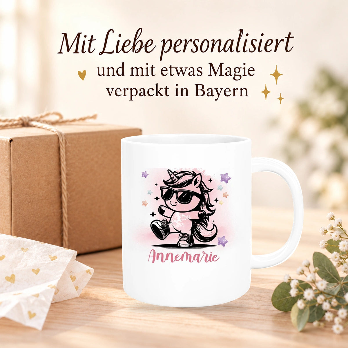 MUCKKI-PRO:746acad42717ea8cde0776a39d17a94d63bc6fed7d7dfd54b1011ede40420a7a:Tasse Wunschname Einhorn 11 Keramik Kinderbecher personalisiert versch. Farben