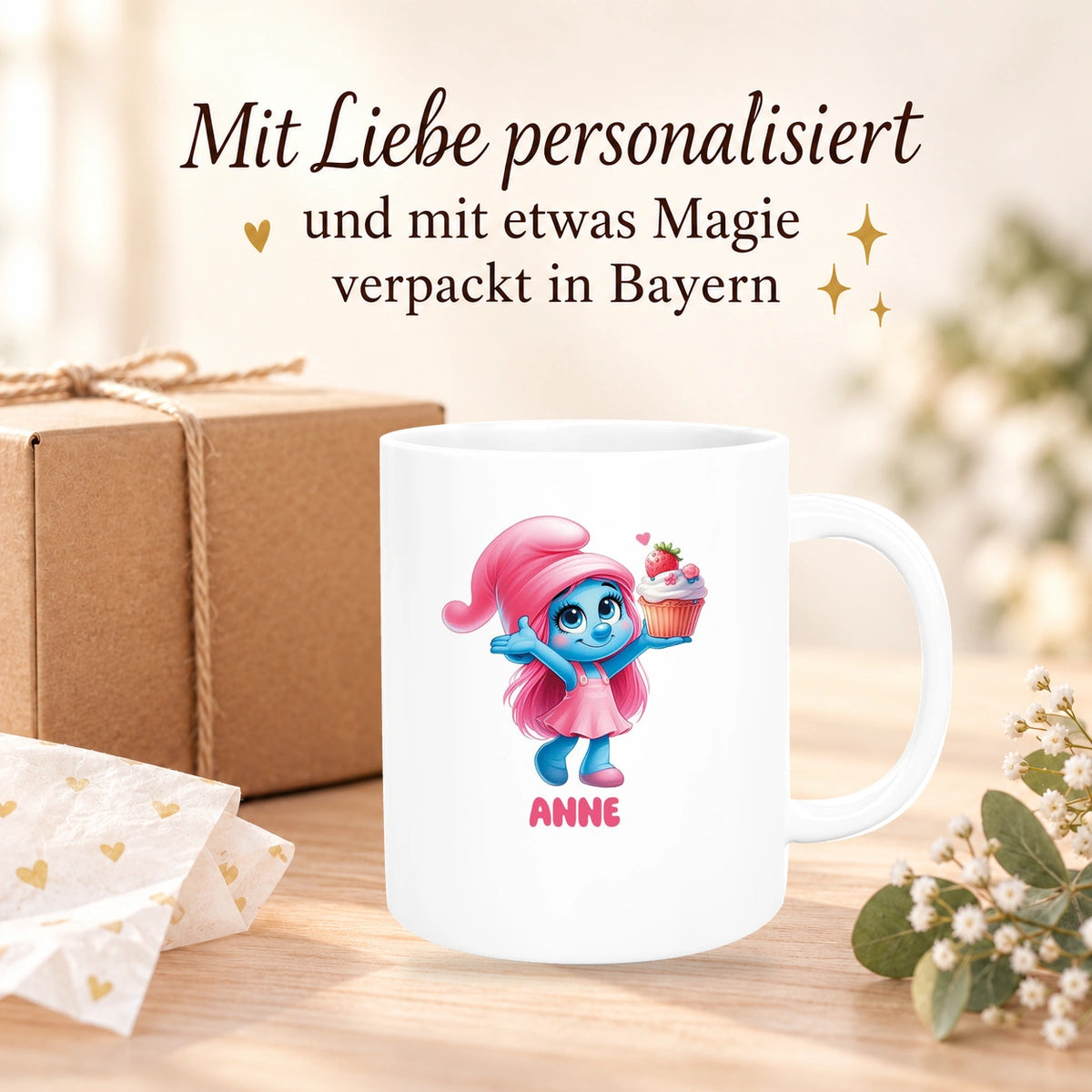Tasse Kinder Schlumpf 2 mit Muffin Wunschname Keramik Kinderbecher personalisiert versch. Farben