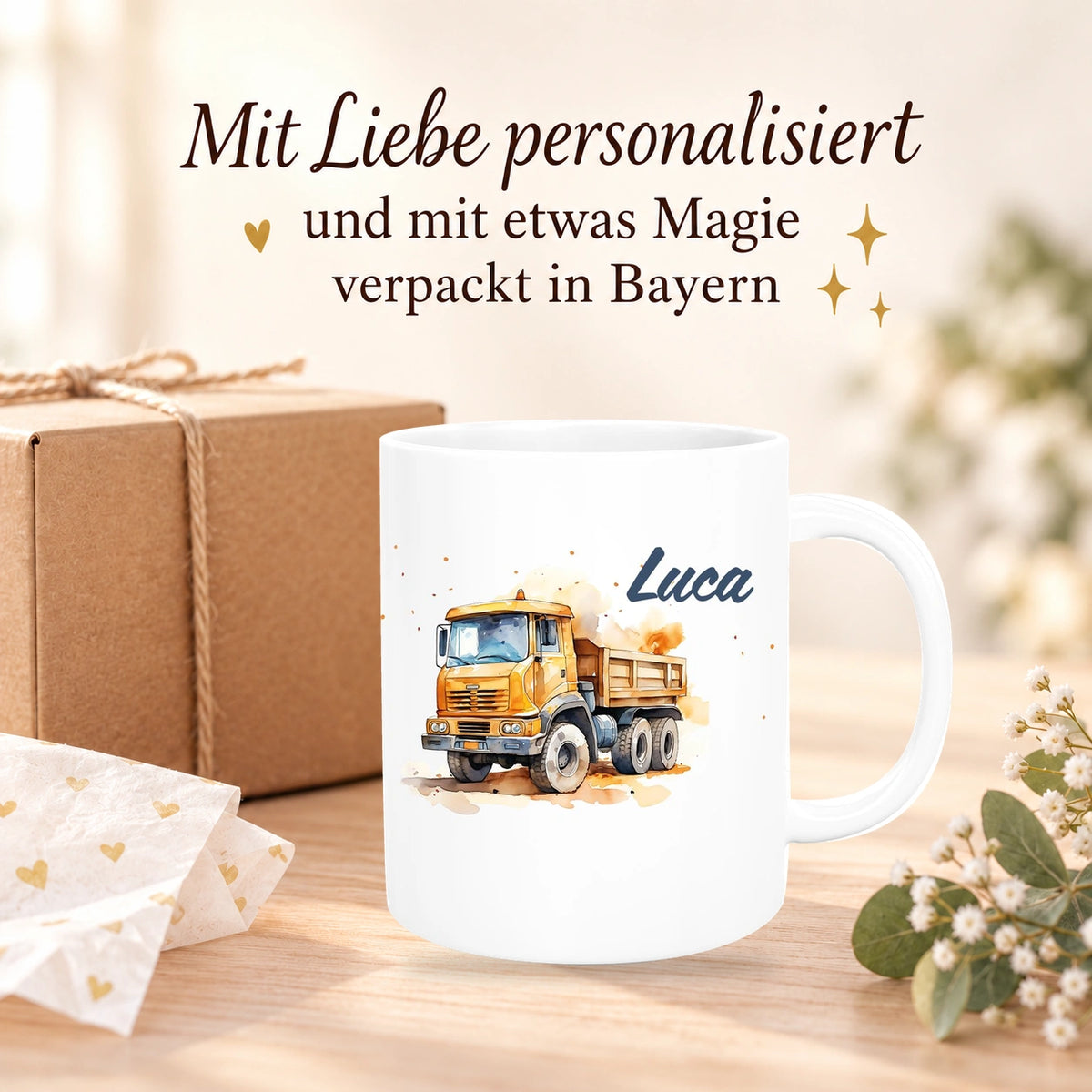 Tasse Wunschname Baustelle Kipper Keramik Kinderbecher versch. Farben