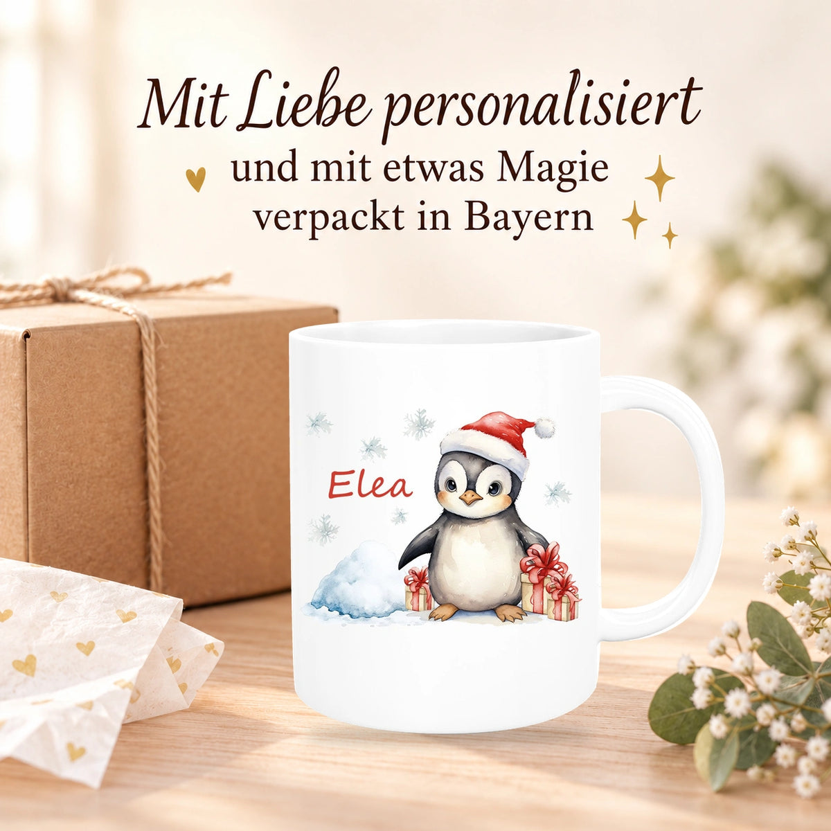 MUCKKI-PRO:ab7880878fec39a215bd1e31a24d075e3765c9694e679ecaf02c3495c4a52738:Tasse Wunschname Weihnachten Pinguin 1 Keramik Kinderbecher versch. Farben