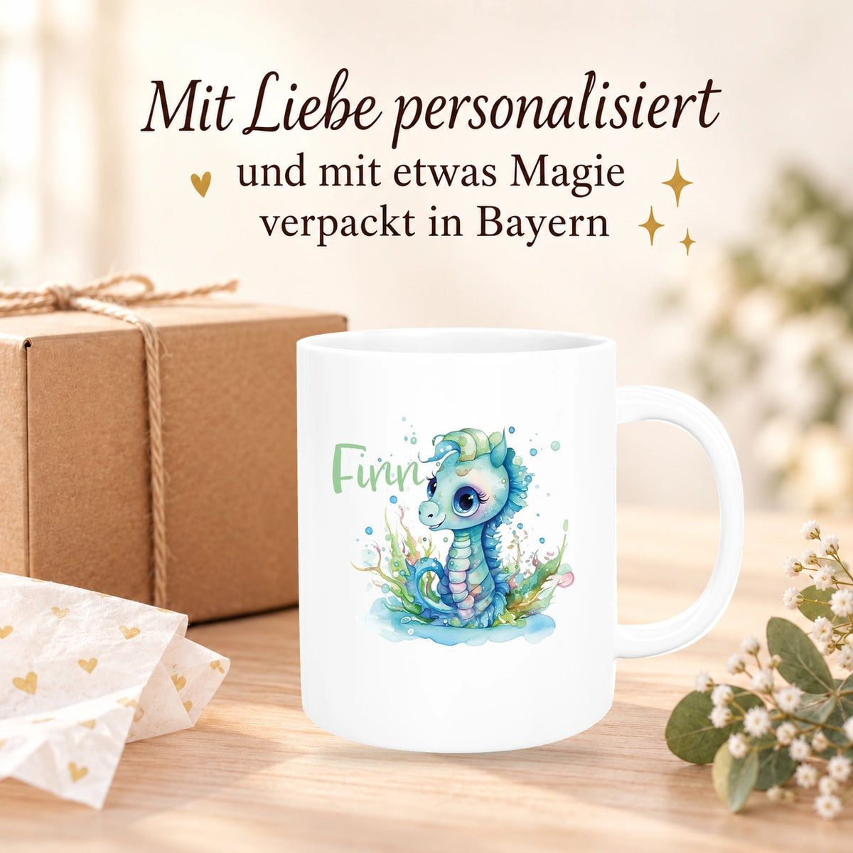 Tasse Wunschname Meerestiere-Seepferdchen 1 Keramik Kinderbecher versch. Farben