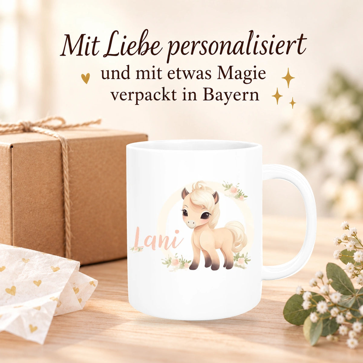MUCKKI-PRO:5057e01241fb28b39ffa9c480c5ea3a10ed0d7095d31db7c777c9df5ac06d045:Tasse Pferd 4 Wunschname Keramik Kinderbecher personalisiert versch. Farben