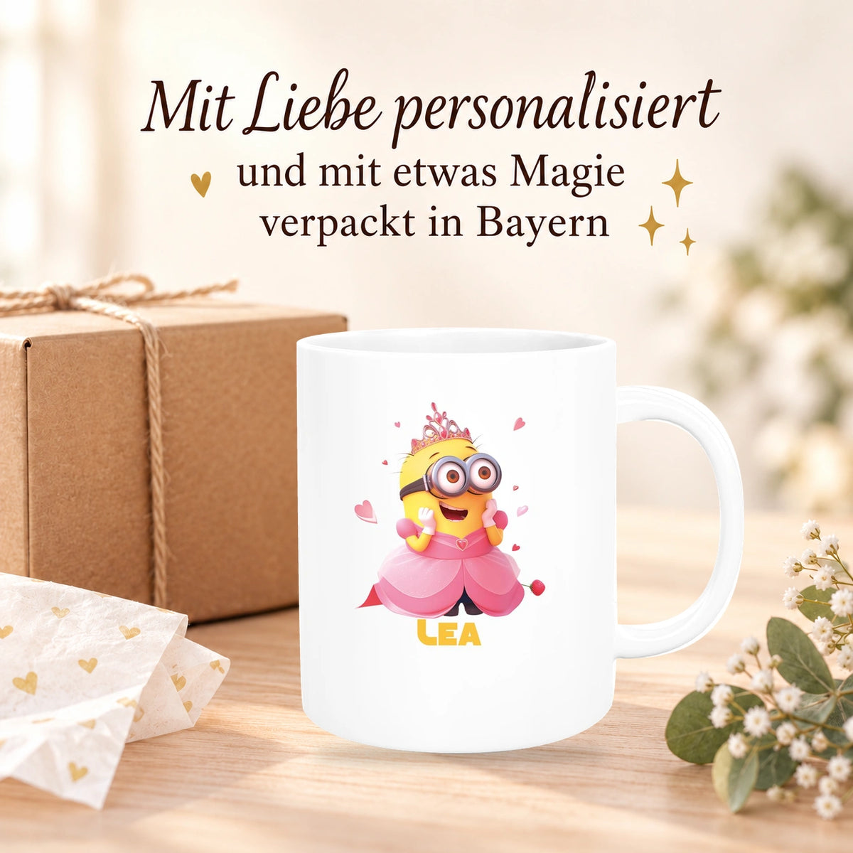 MUCKKI-PRO:237e68e3294da73001d1579e4af83f60868fb3a9e6c0d460df971390adb5e342:Tasse Minions Kinder Minion 7 Prinzessin Wunschname Keramik Kinderbecher personalisiert versch. Farben