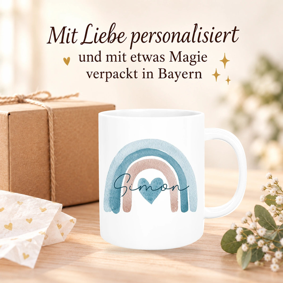 Tasse Wunschname Regenbogen 6 Keramik Kinderbecher versch. Farben