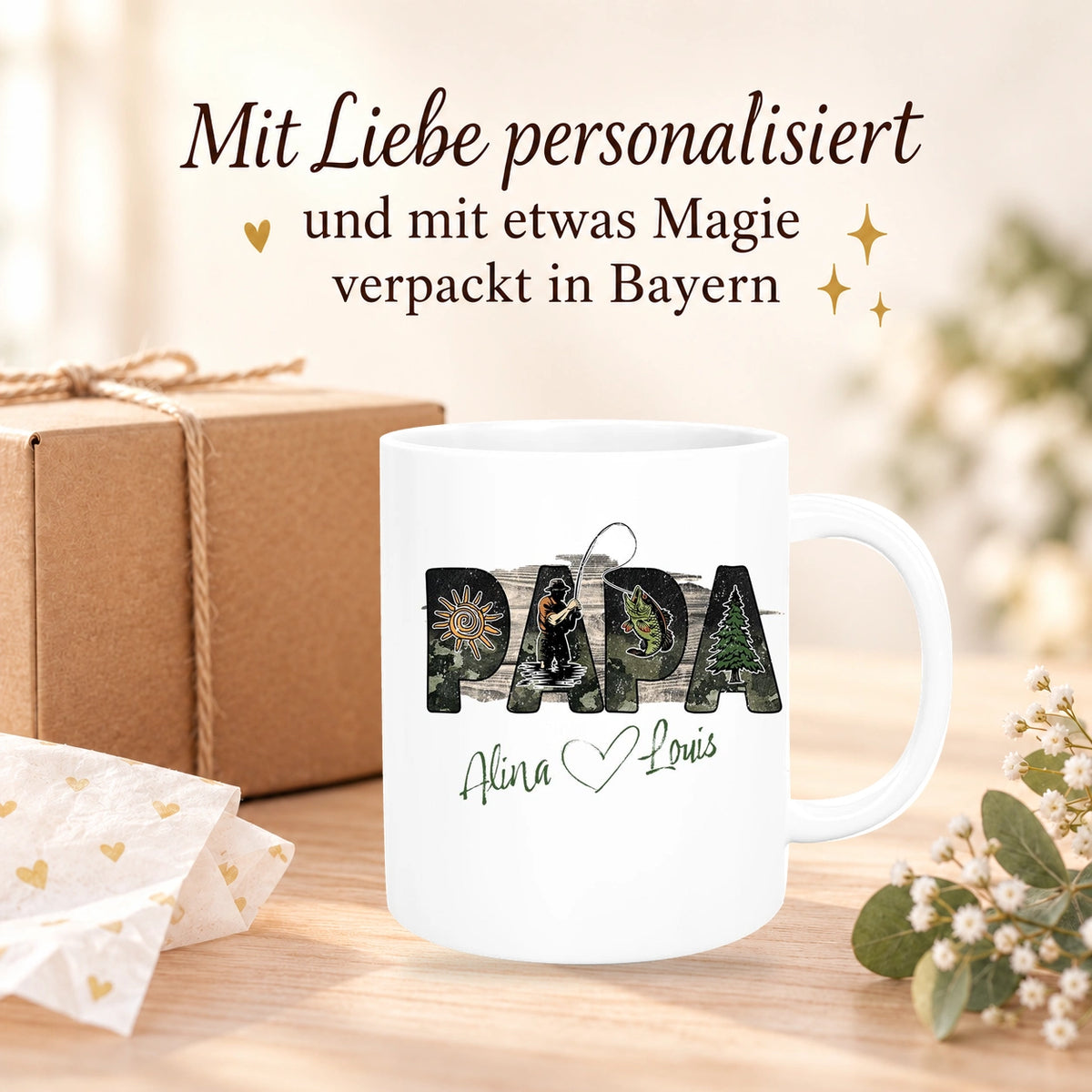 Tasse Vatertag 6 "Angler" Wunschnamen Keramik Personalisiert versch. Farben