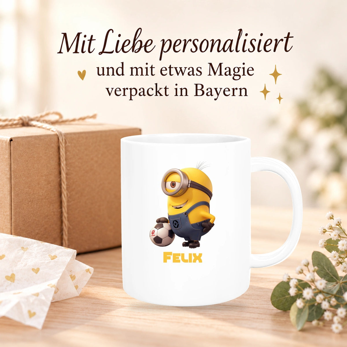 MUCKKI-PRO:f193adee7b5575cf2780d44b7035be314b9562933c637d624d02fcbc9d2cd542:Tasse Minions Kinder Minion 8 Fußball Wunschname Keramik Kinderbecher personalisiert versch. Farben