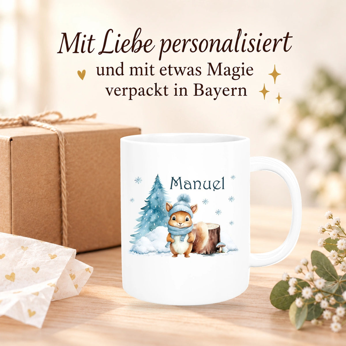 Tasse Wunschname Weihnachten Eichhörnchen 1 Keramik Kinderbecher versch. Farben
