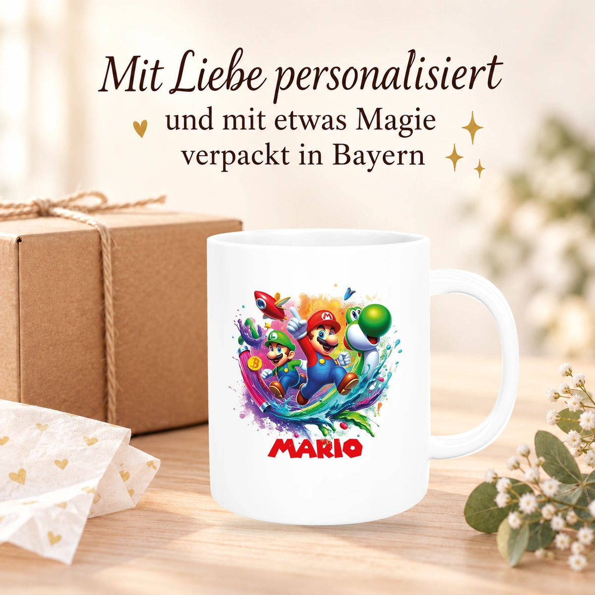 Tasse Wunschname Super-Mario 2 Keramik Kinderbecher personalisiert versch. Farben