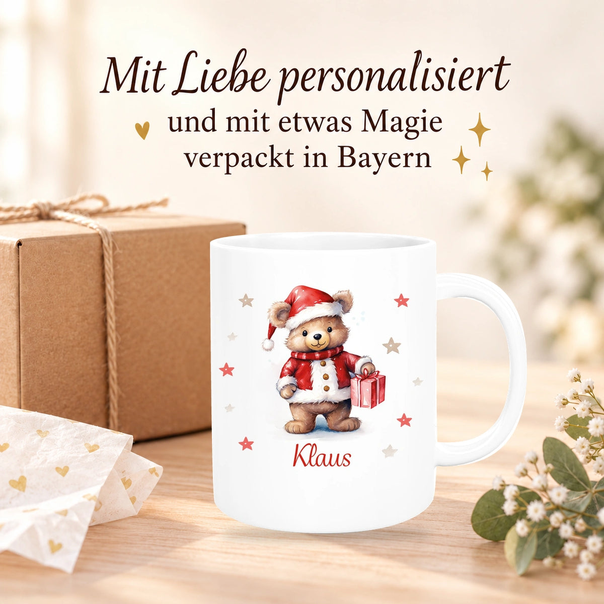 Tasse Wunschname Weihnachten Teddy Sterne Keramik Kinderbecher versch. Farben